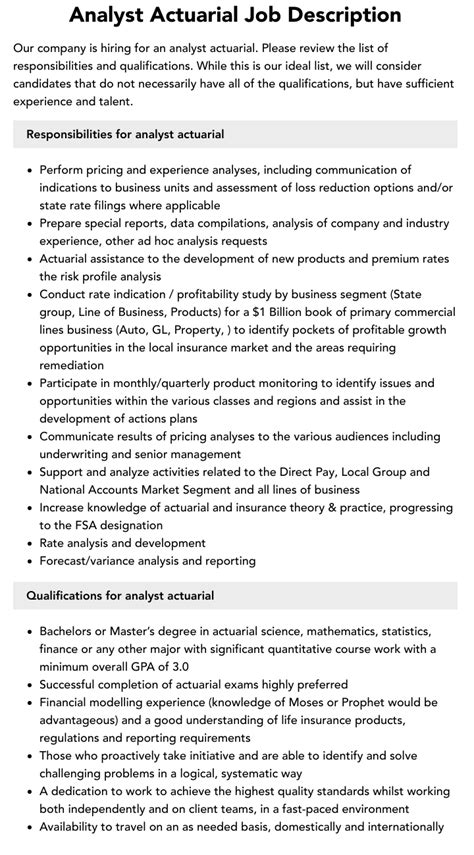 Analyst Actuarial Job Description Velvet Jobs