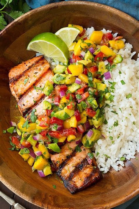 Grilled Salmon With Mango Salsa Coconut Rice Adelline Dessert