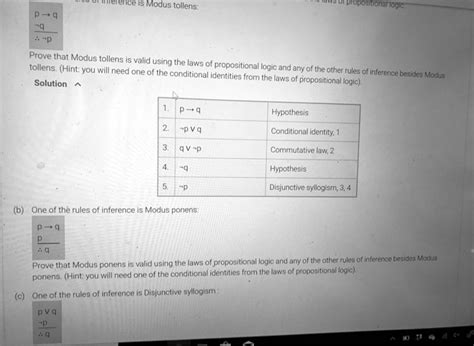 SOLVED: Reference Modus tollens Propositional logic; Prove that Modus tollens is valid using the ...