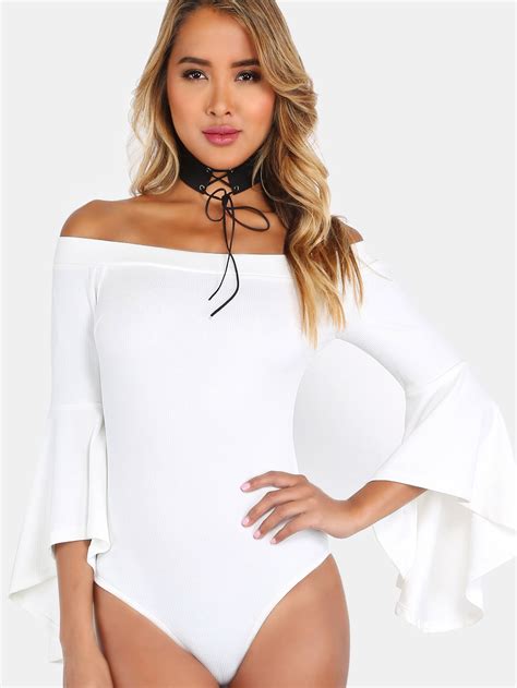 Off The Shoulder Bell Sleeved Bodysuit OFF WHITE SheIn Sheinside