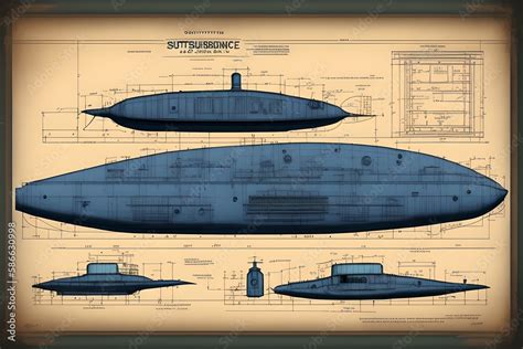 Blueprint of Vintage Submarine, Generative AI Illustration Stock ...