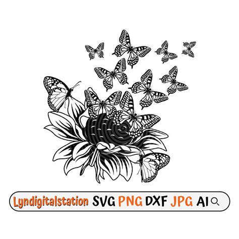 Sunflower With Butterfly Svg Butterfly Sunflower Clipart Sunflower Cut File Flower Stencil