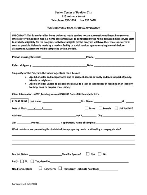 Fillable Online Seniorcenterbouldercity MOW Referral Application Doc