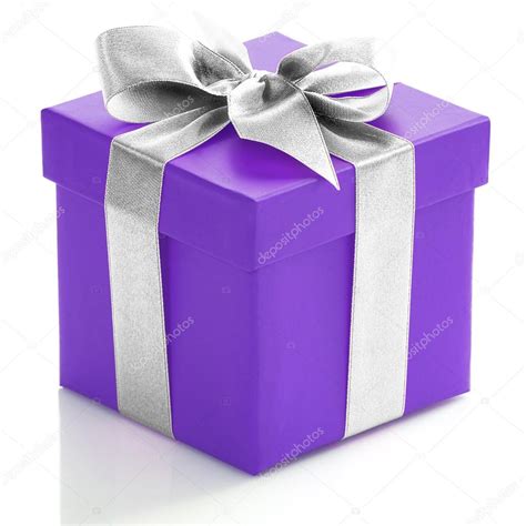 single purple gift box  silver ribbon stock photo worytkopawel