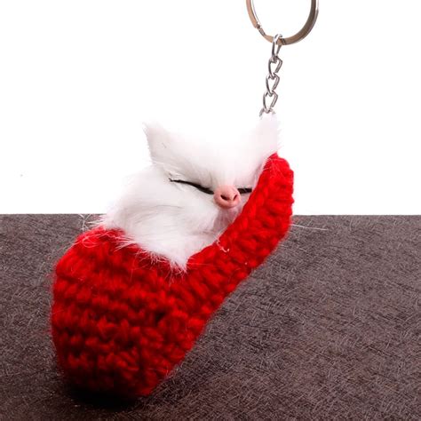 Cute Sleeping Cat Baby Doll Keychain Women Fluffy Pompom Key Chain