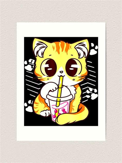 Cute Kawaii Cat Boba Bubble Milk Tea Anime Neko Kitten Art Print For