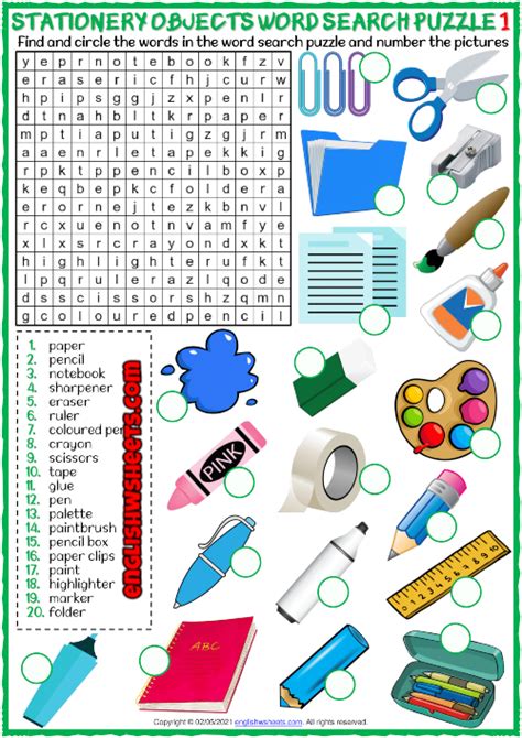 Stationery Objects Esl Word Search Puzzle Worksheets