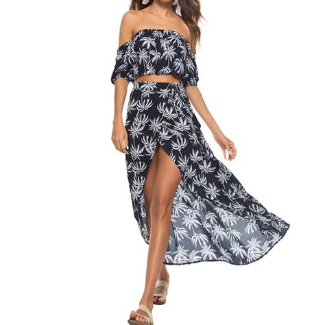 Bohemian Summer Beach Dress 2018 Off Shoulder Short Sleeve Sexy High Split Printed Dress Women