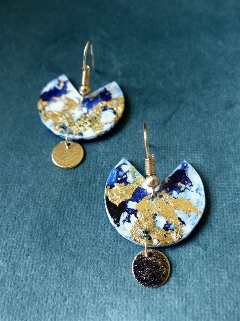 Boucles D Oreilles Plastique Fou Encre De Chine Et Feuille D Or Bleu