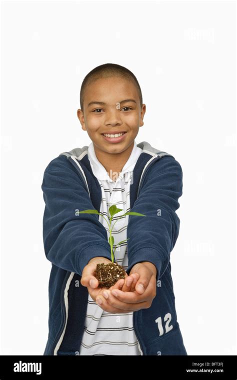 Boy Holding Sapling Stock Photo Alamy