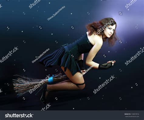 Sexy Brunette Witch Flying On Broom Stock Photo Shutterstock