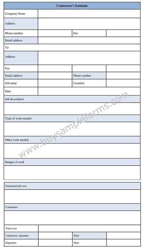 Printable contractor estimate form template word sample contractor forms – Artofit