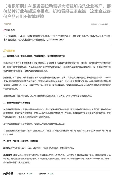 【电报解读】ai服务器拉动需求大增叠加龙头企业减产，存储芯片行业有望迎来拐点，机构看好三条主线，这家企业存储产品可用于智能眼镜