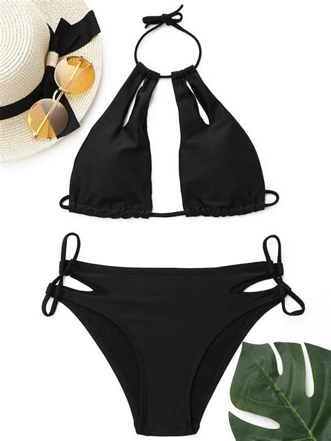 Off Halter Cut Out Cropped Bikini Set In Black Dresslily