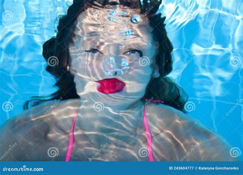 Funny Girl Swim Swimming Under Sea Water. Summer Vacation Stock Image ...