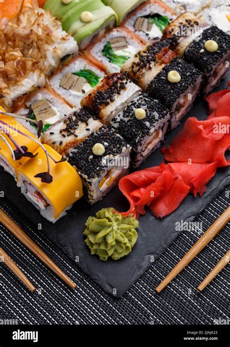 Japanese Sushi Food Maki Ands Rolls With Tuna Salmon Shrimp Crab