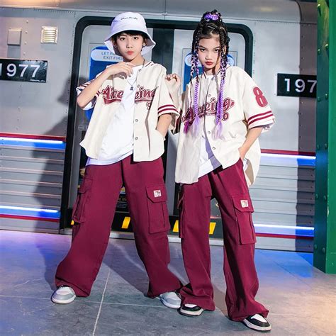 Kid Hip Hop Clothing Oversized Baseball Cardigan Shirt Top Wine Red