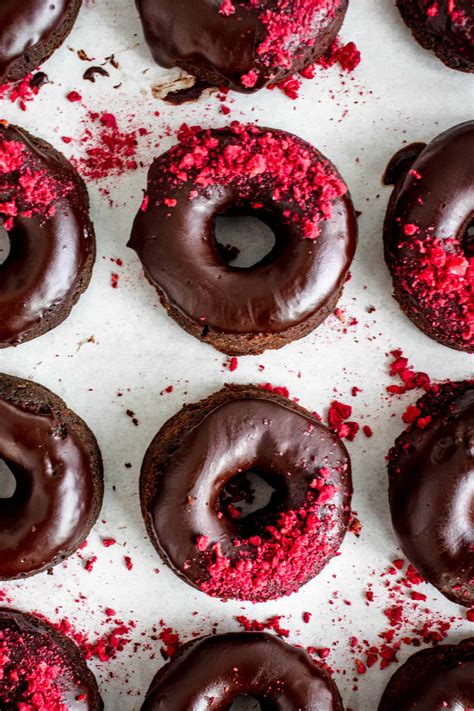 Vegan Baked Chocolate Donut With Freeze Dried Raspberries