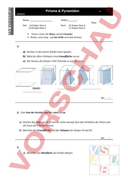 Arbeitsblatt Prüfung LU6 Geometrie Körper Figuren