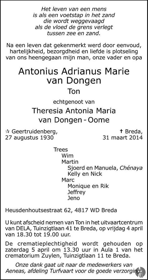 Antonius Adrianus Marie Ton Van Dongen 31 03 2014 Overlijdensbericht