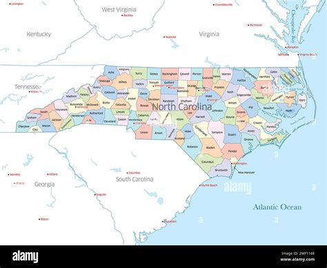 Colorful political map of the counties that make up the state of North ...