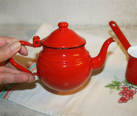 Red Enamel Teapot Metal With Hinged Lid White Enamel Inside Etsy