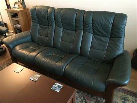 Stressless Triple Recliner Sofa Dark Green Leather And Dark Wood Hot