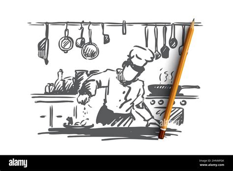 Cooking Chef Food Meal Concept Hand Drawn Chef Preparing Dish In