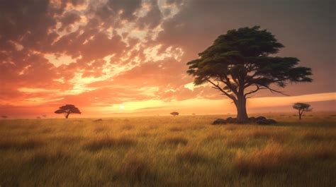 Premium AI Image | Landscape photography of savanna at sunset