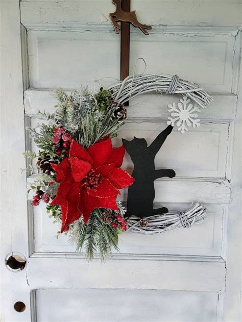 Winter Crescent Moon Black Cat Wreath W Poinsettia Witchy Etsy