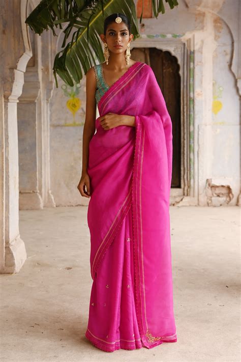 Buy Fuchsia Silk Embroidered Pearl Leaf Neck Bordered Saree And Blouse