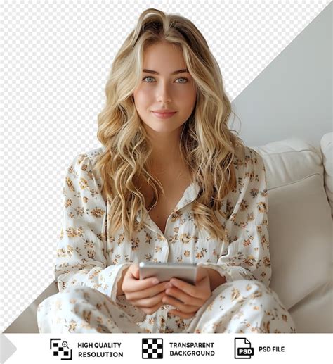 Premium PSD Isolated Cute Blonde Girl With A Device In Hands Sitting On The Sofa Png Psd