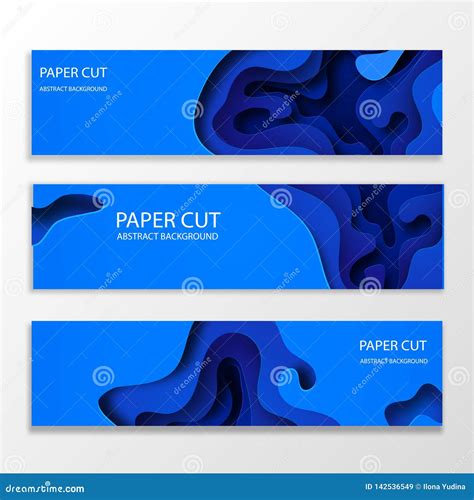 Horizontal Banners With 3d Abstract Blue Background With Paper Cut