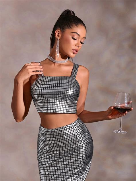 Shein Bae Metallic Crop Wide Strap Top Shein Usa