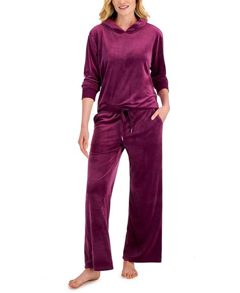 Alfani Womens Long Sleeve Hooded Velour Pajama Set Created For Macys