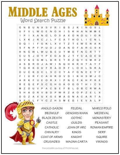 Middle Ages Word Search Puzzle Print It Free