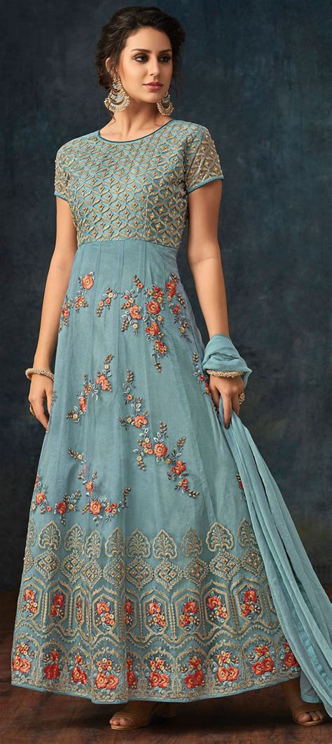 Bollywood Designer Blue Color Net Fabric Salwar Kameez 1854067