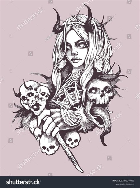 Hand Drawn Portrait Devil Woman Drawing Stock Vector Royalty Free