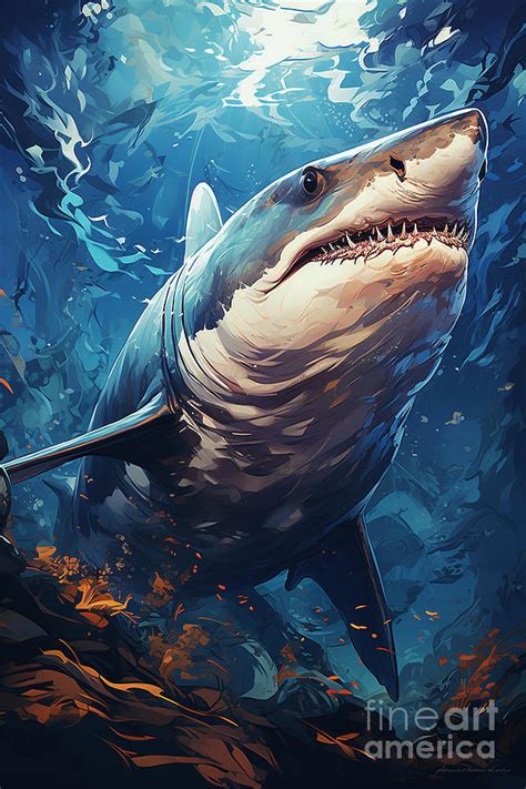 A Gigantic Great White Shark In Crystal Clear W Db Fc C F Painting By