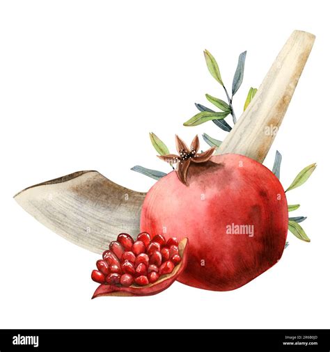 Pomegranate Fruits With Leaves And Shofar Ram Horn For Jewish New Year