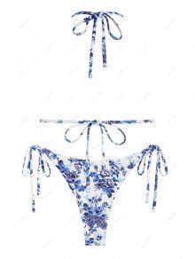 Zaful Floral Tie Side Halter String Triangle Bikini Swimwear In Blue