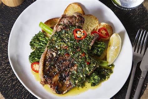 Lamb Chops With Mint Chimmichurri Roast Potatoes And Charred Broccolini