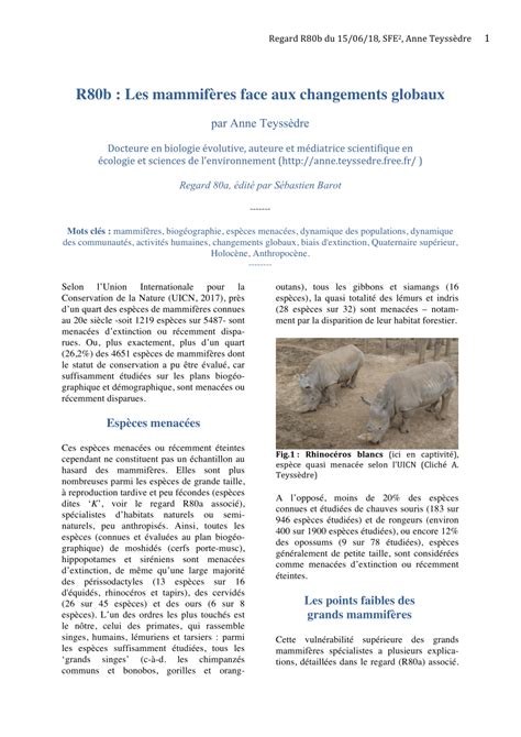 Pdf Les Mammif Res Face Aux Changements Globaux Regard R B