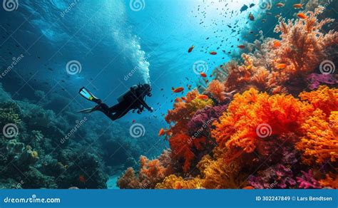 Scuba Diver Exploring Coral Reef Ai Generated Stock Illustration