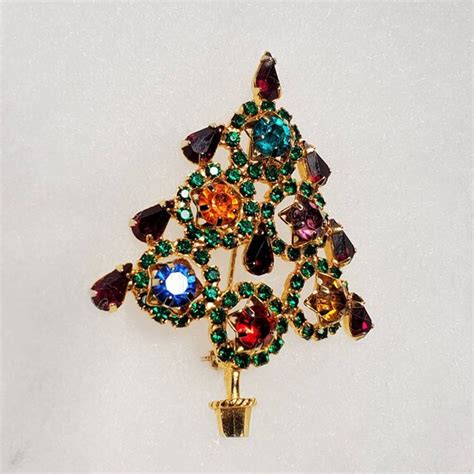 Vintage Multi Color Rhinestone Christmas Tree Brooch Gem