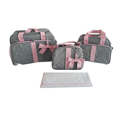 Kit Bolsa Maternidade Cinza Rosa Bebe Menina Premium 4 Peças