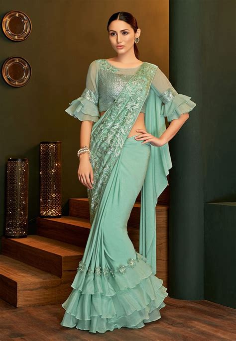 Sea Green Lycra Frilled Party Wear Saree Fancy Sarees Party