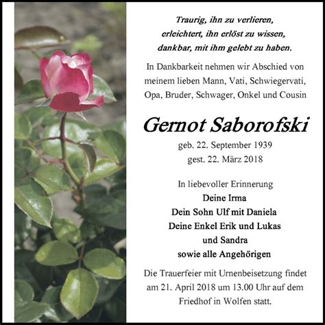 Traueranzeigen Von Gernot Saborofski Abschied Nehmen De