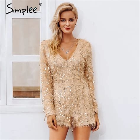 Simplee Champagne Sequin Tassel Jumpsuit Women Sexy V Neck Long Sleeve