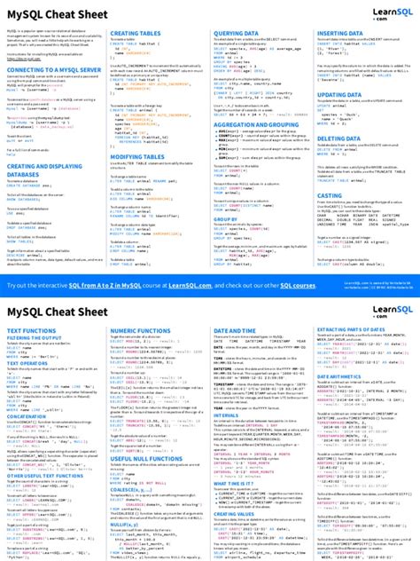 A4 Mysql Cheat Sheet Pdf